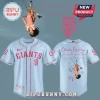Olivia Rodrigo light blue SF Giants baseball jersey with pink text reading 'you seem pretty sad for a girl so in love'!