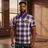 Purple white gold plaid polo shirt with a green gold white crest emblem featuring scales and swords!