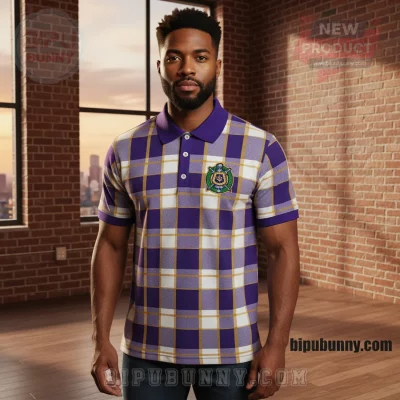 Omega Psi Phi Men's Embroidered Purple Gold Plaid Polo Shirt