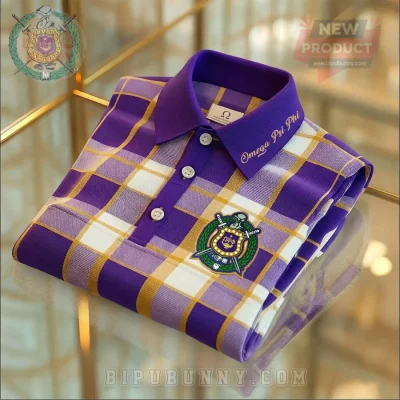 Omega Psi Phi Men’s Embroidered Purple Gold Plaid Polo Shirt