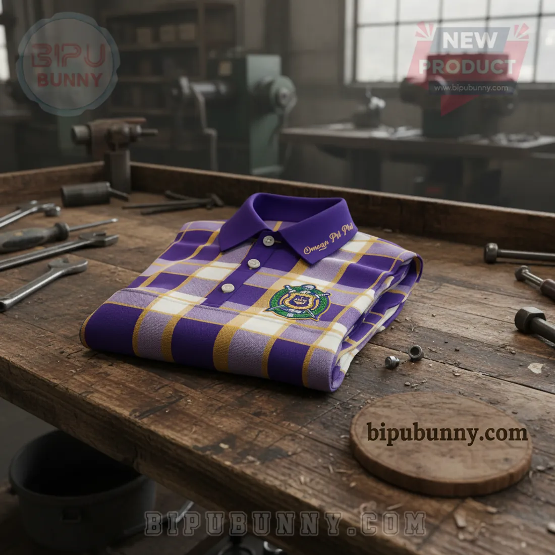 Omega Psi Phi Men's Embroidered Purple Gold Plaid Polo Shirt