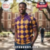 Purple gold argyle polo shirt with ΩΨΦ Omega Psi Phi Greek fraternity crest embroidery! Collegiate style!
