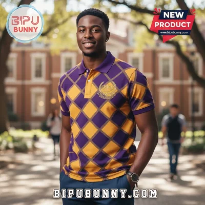 Omega Psi Phi Purple Gold Diamond Pattern Premium Fraternity Polo Shirt