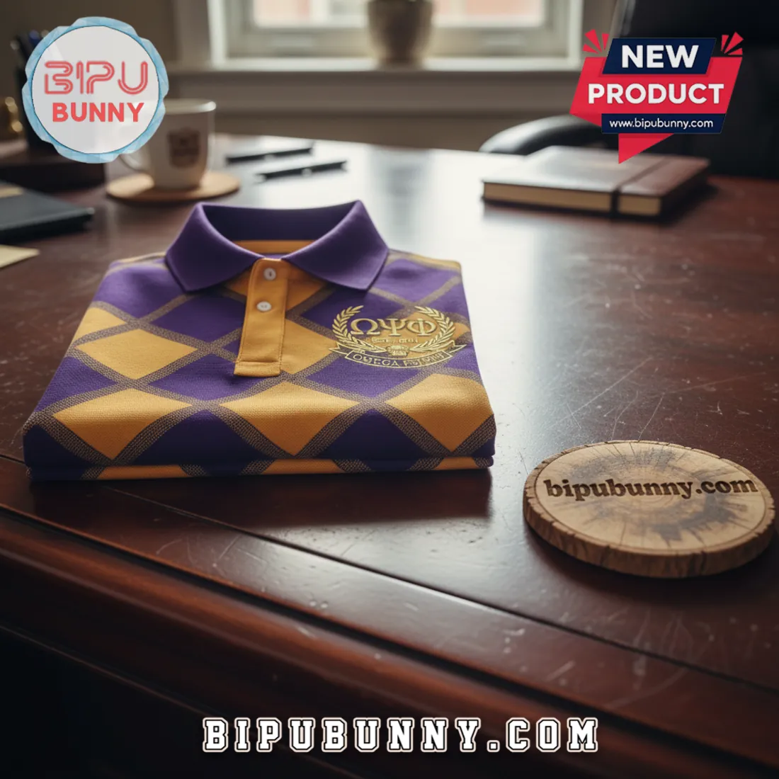 Omega Psi Phi Purple Gold Diamond Pattern Premium Fraternity Polo Shirt