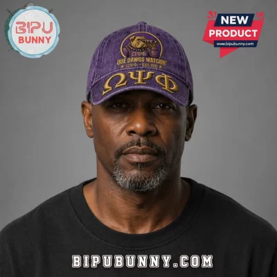 Omega Psi Phi Que Dawgs Embroidered Distressed Bulldog Baseball Cap