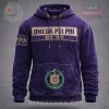 Vintage purple distressed hoodie with 'OMEGA PSI PHI EST. 1911' chest patch, 'ΩΨΦ' sleeve detail, and ornate crest!