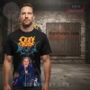 Black heavy metal concert tee with yellow orange OZZY, white OSBOURNE MEMORIAL SHOW text, blue bat graphic, and Ozzy Osbourne singing photo!