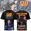 Black tee, vibrant Ozzy Osbourne Memorial Show logo, blue bat-skull, concert photo. Text: OZZY OSBOURNE MEMORIAL SHOW, SABBATH KNIGHTS!