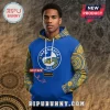 Blue Parramatta Eels hoodie with yellow Aboriginal art style sleeves and hood! Features the Eels logo and custom name option!