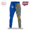 Blue and gold split-leg joggers with Parramatta Eels logo and an Aboriginal dot art pattern design!