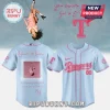 Custom light blue and pink Rangers baseball jersey with Olivia Rodrigo GUTS tour graphic and 'you seem pretty sad' lyric!