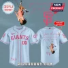 Custom light blue and pink GIANTS baseball jersey with Olivia Rodrigo and lyrics 'you seem pretty good for a girl'!