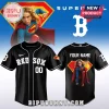 Custom black Red Sox baseball jersey with Supergirl graphic on the back! Red, yellow, and blue superhero design!