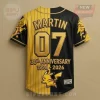Pikachu baseball jersey! Black yellow pinstripe split design! Gold MARTIN 07, 30th ANNIVERSARY 1996-2026! Lightning bolts, Poké Ball!