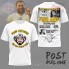 White Post Malone 'Big Ass World Tour' concert tee! Front shows cartoon Posty face, back lists tour dates/cities with his eyes! Yellow text, retro style!