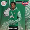Green and white South Sydney Rabbitohs hoodie with NRL logo, custom 'YOUR NAME' patch, and Indigenous dot art pattern!