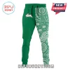 Green joggers with white running rabbit logo and one leg featuring white Indigenous Australian dot art pattern!