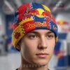 Red Bull patchwork beanie features red, blue, yellow blocks with embroidered Red Bull logo, two bulls, sun, and aggressive bull head!