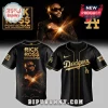 Black and gold Rick Ross Dodgers baseball jersey with Port of Miami 20th Anniversary Tour text and graphic on the back!