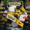 Black yellow white patchwork knit beanie with Rockstar Energy Drink text, yellow AR star, US flag, and Nike swoosh!