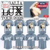 Custom light blue baseball jersey for Rosalía LUX Tour 2026 with artist photo on back! Options for Dodgers, Red Sox, Mets, Astros!