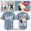 Custom light blue Rosalía LUX Tour 2026 baseball jersey with Dodgers script logo, fan photo, and personalized name on back!
