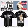 Custom black and white Rosalía baseball jersey with LUX Tour 2026 text and Dodgers script logo on the front and photo on back!