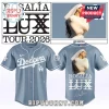 Light blue Dodgers baseball jersey with white text featuring Rosalía Lux Tour 2026 design on the back!