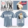 Light blue Astros baseball jersey with white text! Back features Rosalía photo, 'ROSALÍA LUX' graphic, and signature!