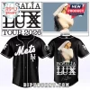 Black baseball jersey with white text reading Rosalía LUX Tour 2026 and a photo of the singer on the back over a Mets logo!