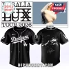 Black Rosalía LUX TOUR 2026 baseball jersey with white Dodgers script on the front and an artist graphic and signature on the back!
