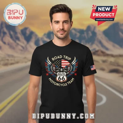 Route 66 100th Anniversary Motorcycle Patriotic Eagle Wings T-Shirt