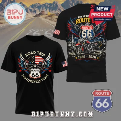 Route 66 100th Anniversary Motorcycle Patriotic Eagle Wings T-Shirt