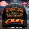 Black baseball cap with bold red orange gothic text OZZY OSBOURNE MEMORIAL SHOW JULY 17 2026 SABBATH KNIGHTS and a bat graphic! Large OZZY on brim!
