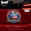 Patriotic Snoopy decal: Aviator Snoopy on flag doghouse with fireworks, red white blue border, reads 'AMERICA 250: THE SKY IS THE LIMIT'!