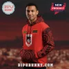 Red St George Illawarra hoodie with black Aboriginal art patterns on sleeves and hood and the text 'St George Illawarra'!