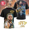 Black sports tee featuring Stephen Curry action shots, dynamic gold and blue accents, and