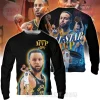Black long-sleeve shirt, Stephen Curry 2025 All-Star MVP gold and blue graphics! Front: Curry portrait! Back: action shots, stadium!