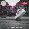 Custom white sneakers with a pink swoosh and heel tab featuring black graffiti style text that reads Suicide Boys and Your Name!