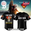 Custom black Red Sox baseball jersey with Superman logo and a dog photo on the back with text 'Watch Out Universe'!
