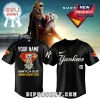 Custom black Yankees baseball jersey with a Superman logo and a white dog photo on the back with text Watch Out Universe!