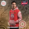 Custom red Sydney Roosters hoodie with a white Aboriginal-style dot art pattern on the sleeves and the team's rooster logo!