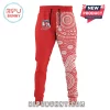 Red and white Sydney Roosters joggers with a split design featuring the team logo and an Indigenous Australian art pattern!