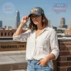 Distressed blue denim baseball cap with orange Texas longhorn logo, white 'ANNIVERSARY 1853-2026' text, retro style!
