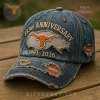 Distressed faded blue denim cap, retro style with ripped accents! Orange longhorn, 