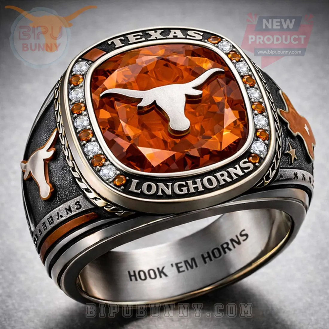 Texas Longhorns Premium Engraved Commemorative Fan Gemstone Ring Texas Longhorns Premium Engraved Commemorative Fan Gemstone Ring