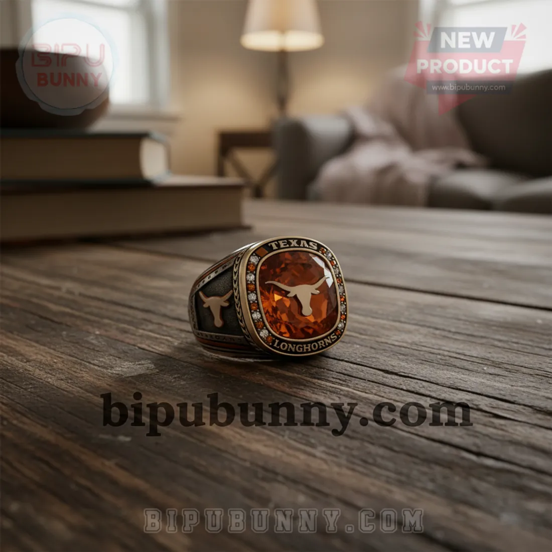 Texas Longhorns Premium Engraved Commemorative Fan Gemstone Ring