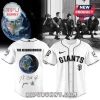 White baseball jersey with black text 'GIANTS' on front and 'THE NEIGHBORHOOD' with Earth graphic and signatures on back!