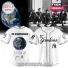 White baseball jersey with The Neighborhood text, a planet Earth graphic, signatures on the back and Yankees logo on the front!