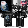 Black Dodgers-style baseball jersey for The Neighborhood band! White text, Earth graphic, and signatures on the back!